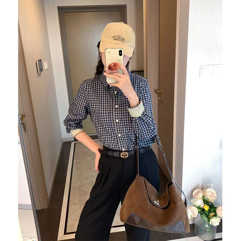 百搭神器 撞色格子休闲百搭衬衫女2025春秋新款韩版衬衣