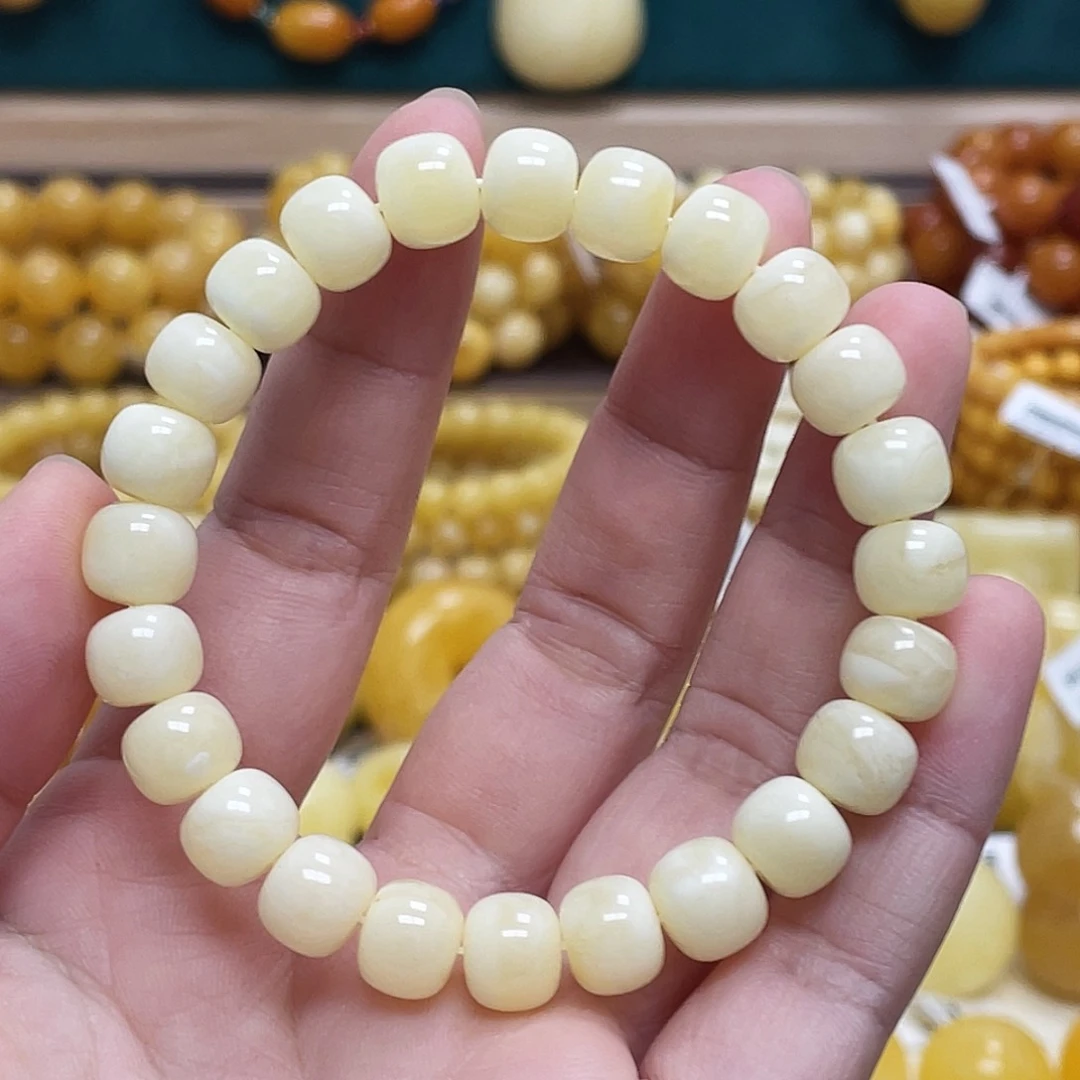 蜜蜡未镶嵌珠宝奇石9+mm瓷白老型单圈手串 瑕