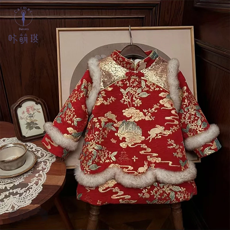 咔萌琪2505直播加厚加绒中国风中式红色女孩冬季汉服过年服拜年服