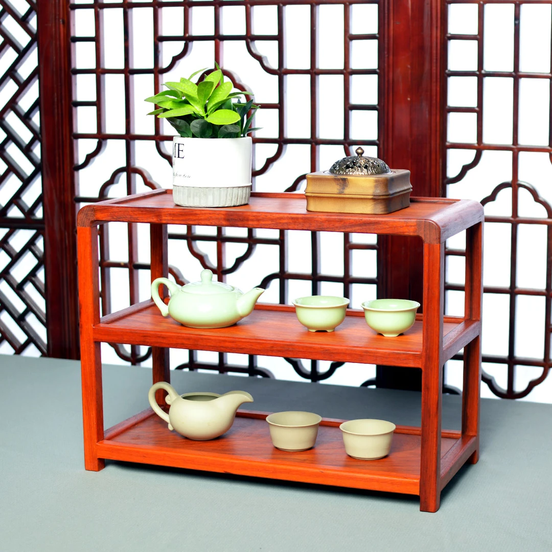 花榈木三层置物架 新中式实木厨房收纳架 客厅储物架置放茶杯架