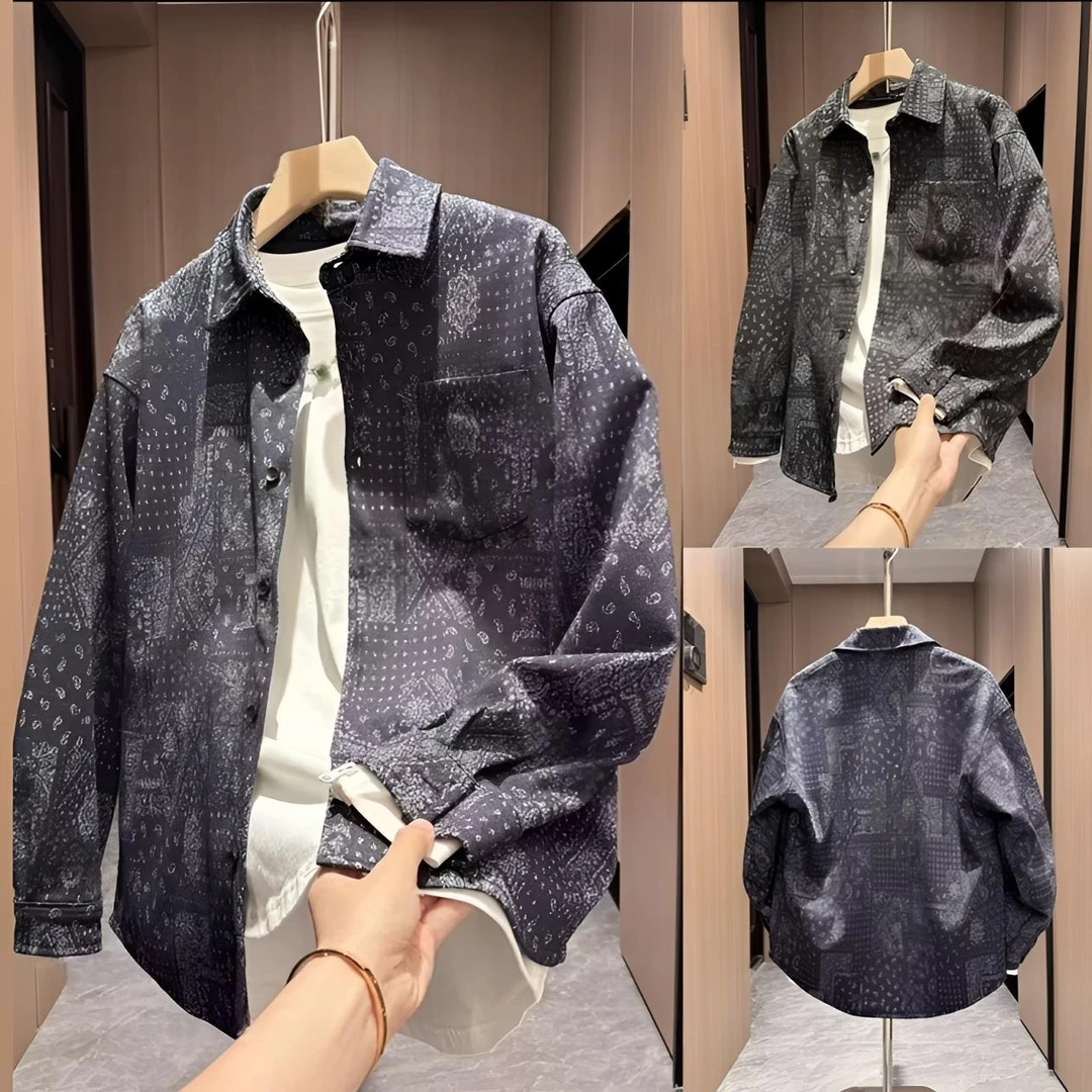 秋季新款男士牛仔民族风立体压花燕尾宽松时尚潮流百搭休闲上衣