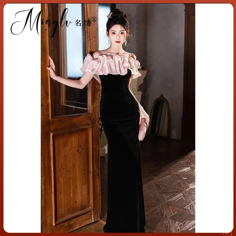 高级感黑色一字肩小众2025性感高定高端轻奢鱼尾成人主持晚礼服裙