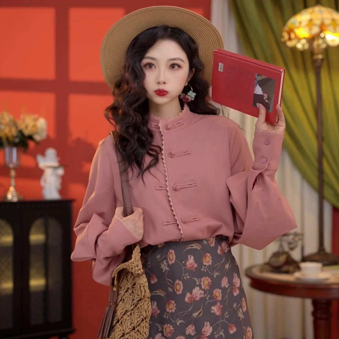 鹿晚不晚【中式千金】港风复古气质设计感衬衣女LW2023226