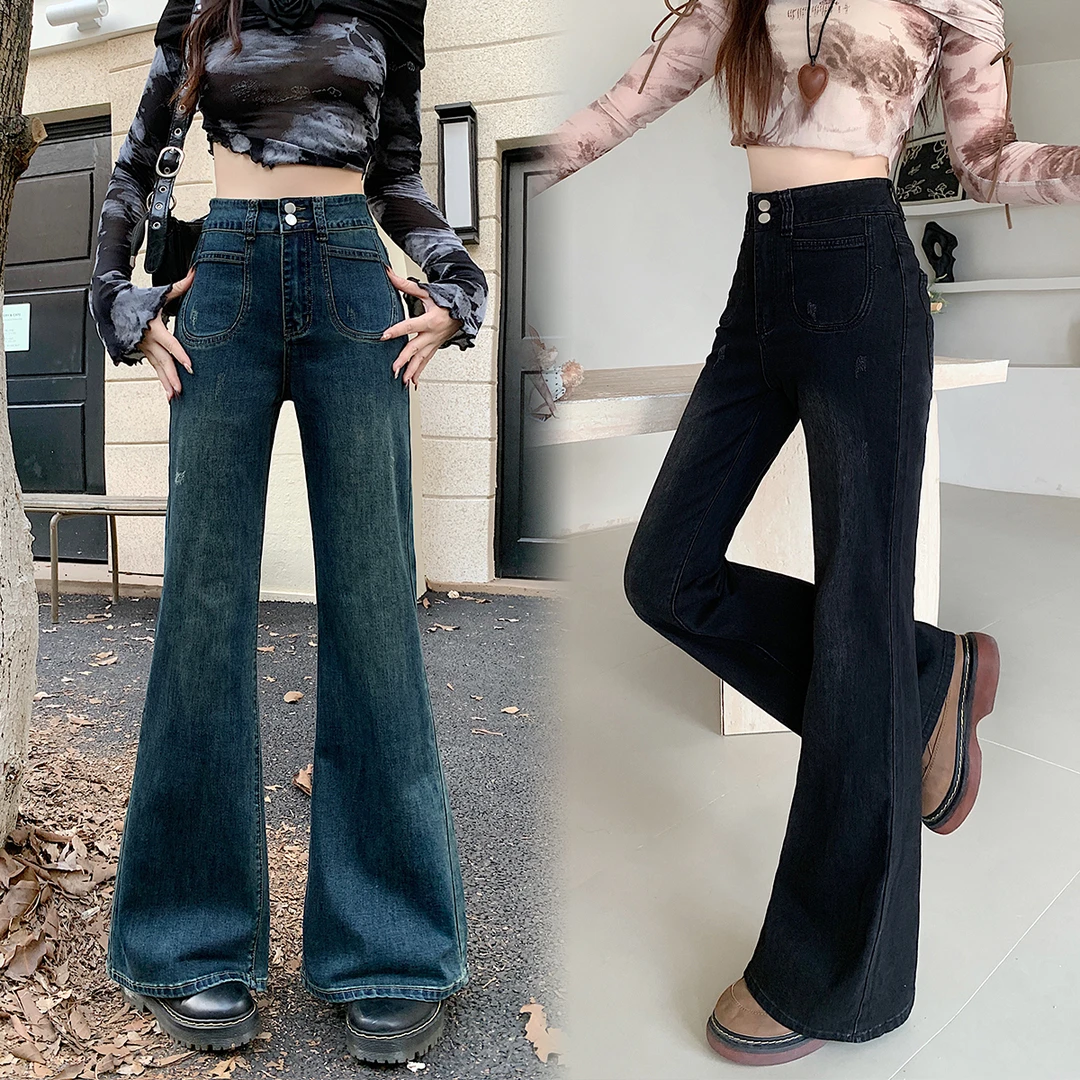 大码美美哒2025春季美式复古微喇牛仔裤时尚高腰显瘦阔腿裤65480