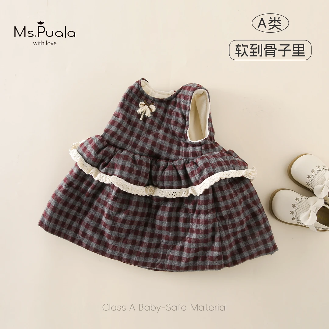 【Ms.Puala安格鲁】婴幼儿童装背心裙女宝秋冬格纹蕾丝边无袖连衣裙
