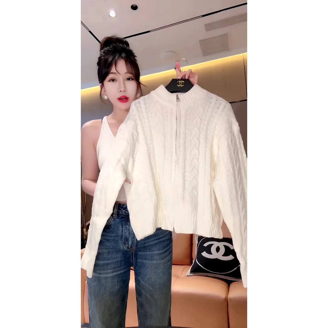 双拉链麻花编织毛衣外套欧货轻奢时尚百搭开衫