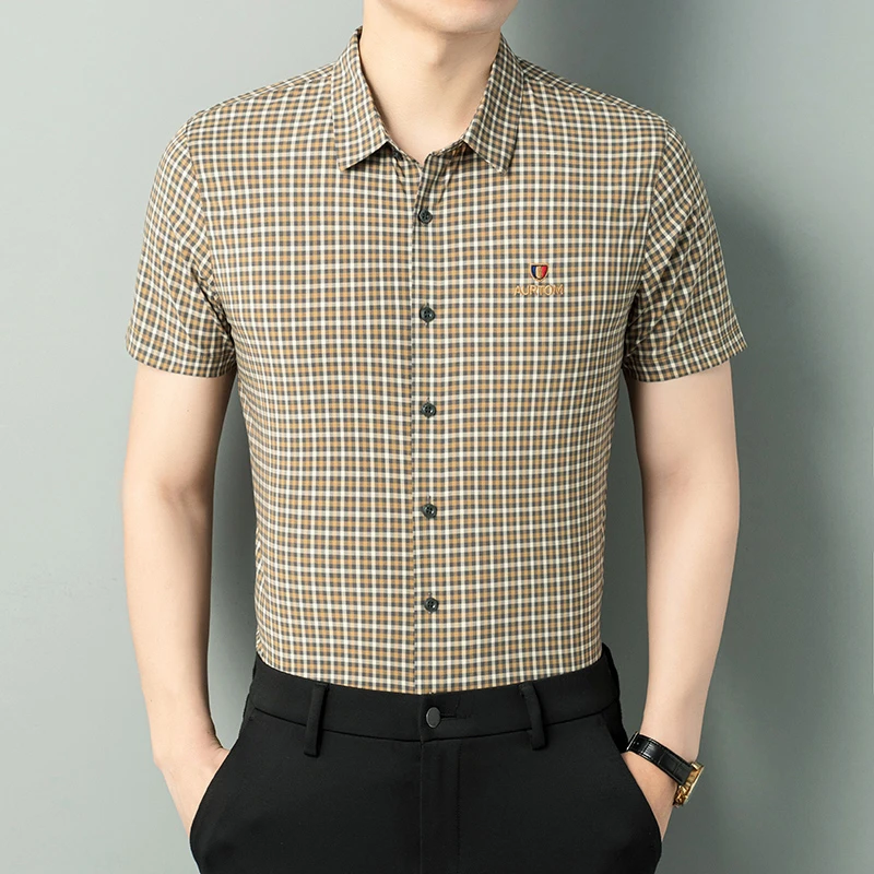 卡尔皮诺7707款色织布夏季男士薄款休闲潮流时尚翻领百搭短袖衬衫