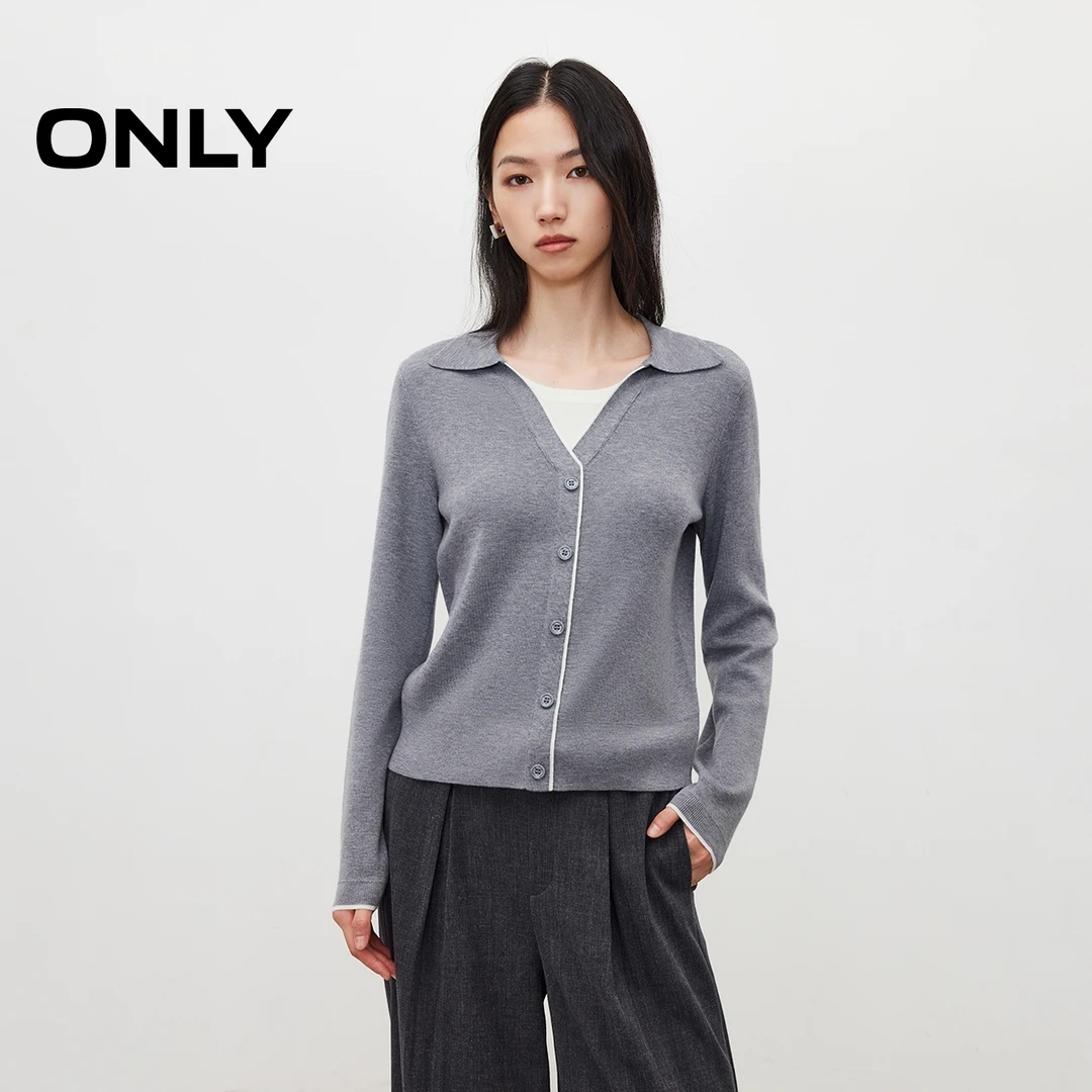 2025冬季新款假两件正肩翻领撞色长袖针织衫女|125424027