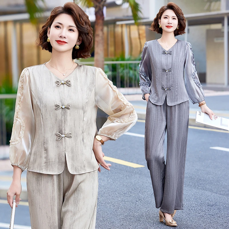 时尚妈妈装春秋季长袖套装50岁中年人洋气大码新款上衣裤子两件套