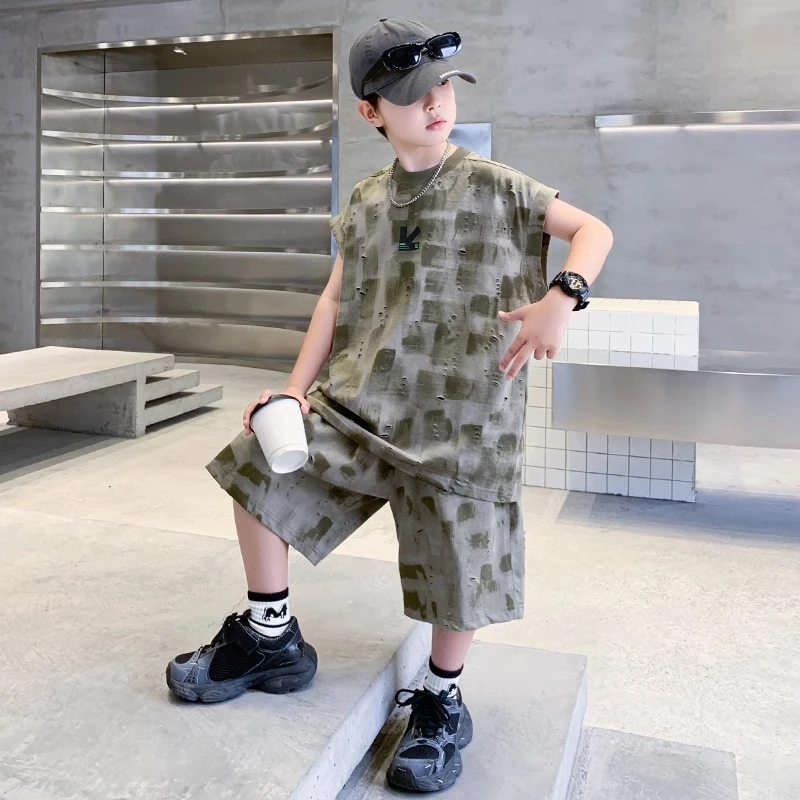 儿童装男童夏装无袖套装2025新款夏季中大童背心夏款男孩运动帅气