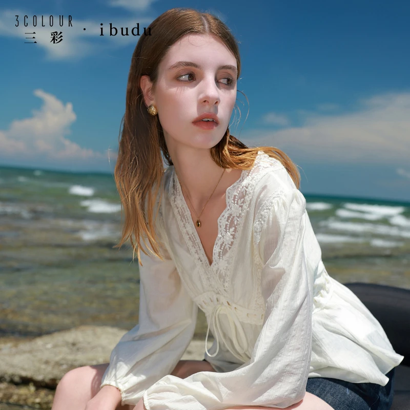 【莱赛尔】三彩ibudu2025秋季新款花边小衫V领九分袖上衣女