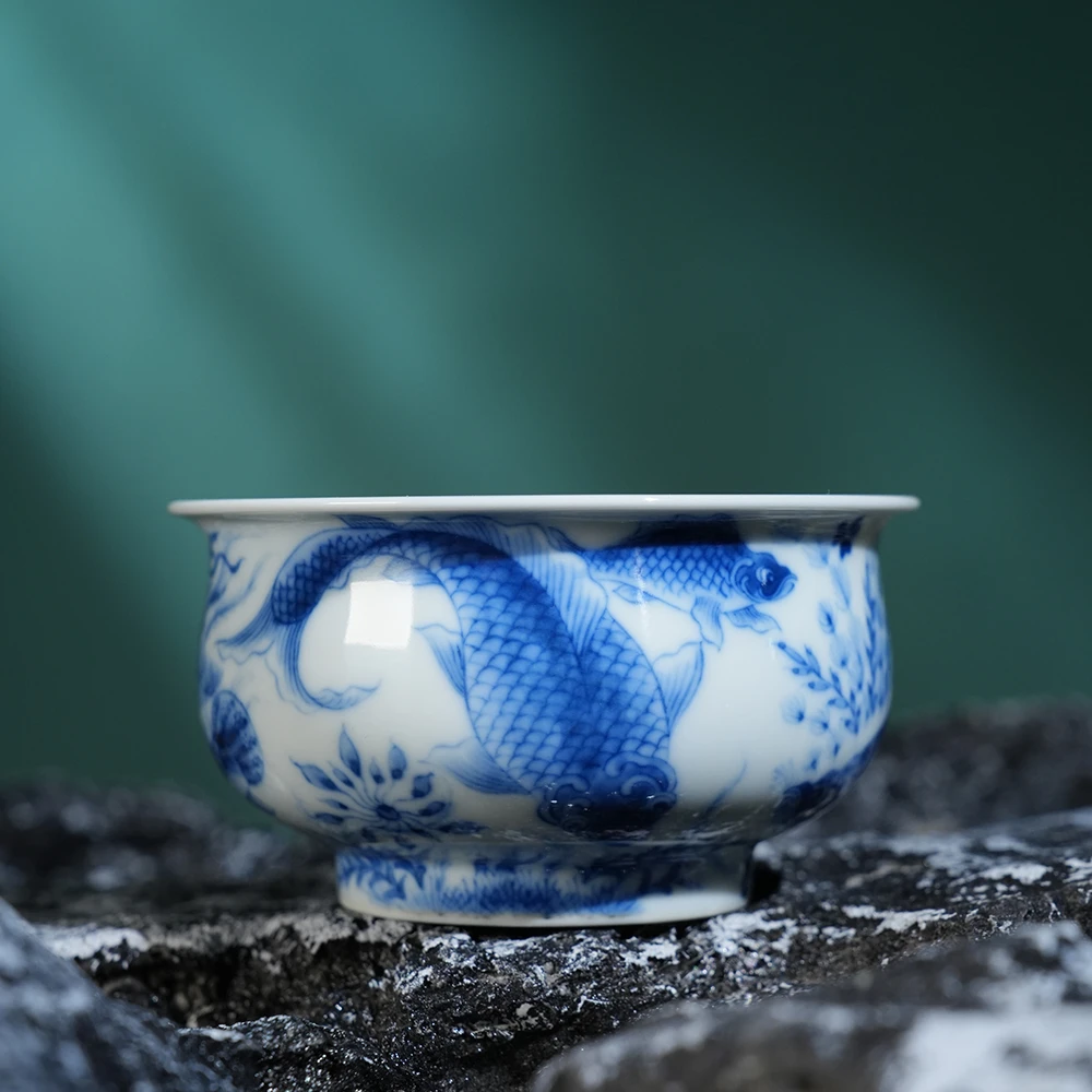 望月怀古满绘鱼藻炉式杯140ml 全手工手绘高档送礼茶器主人杯茶杯