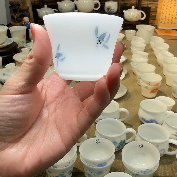 素烧冰种薄胎茶杯蝴蝶兰三个