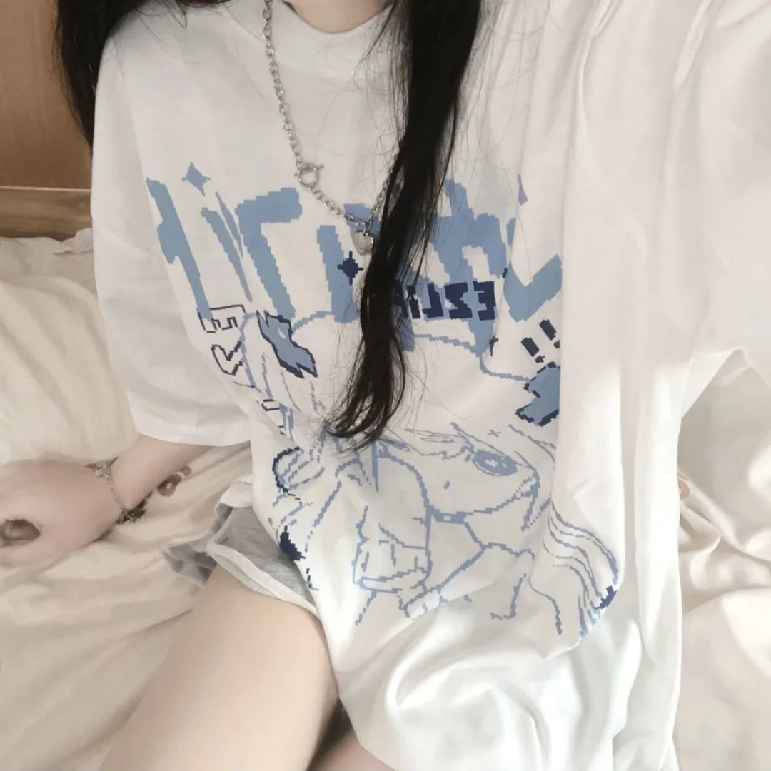 夏季小众别致动漫少女印花纯棉短袖T恤女慵懒松弛感宽松半袖上衣