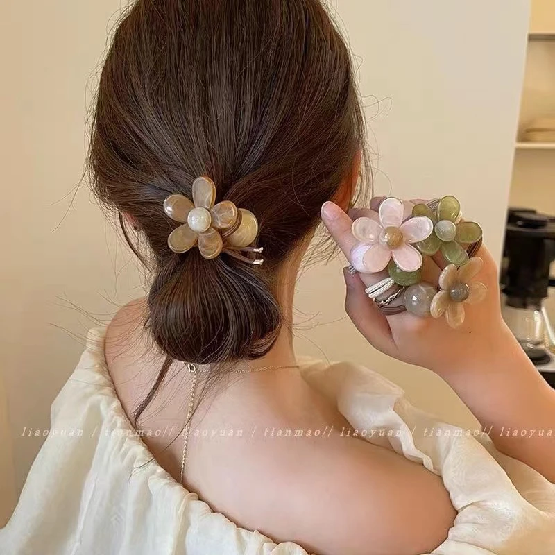 侧扎发饰少女气质简约亚克力花朵高弹力皮筋扎头发绳ins加粗发圈