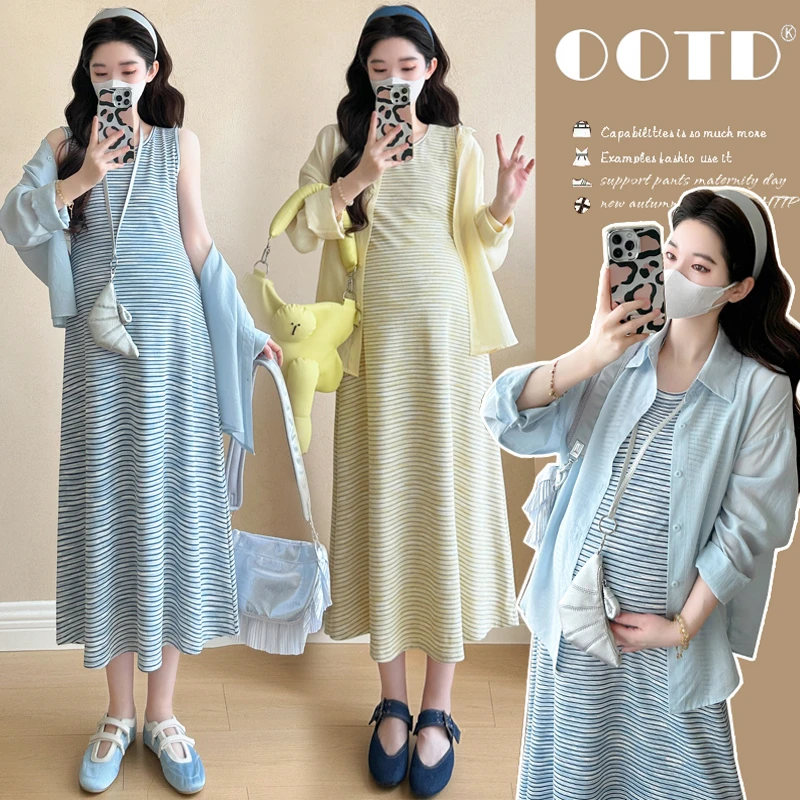 时髦孕妇装2025夏季新品韩版时尚条纹吊带裙防晒衬衣减龄显瘦套装