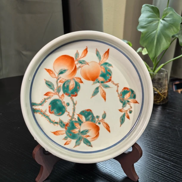 雨溪 红绿彩粉彩仙桃壶承 00014