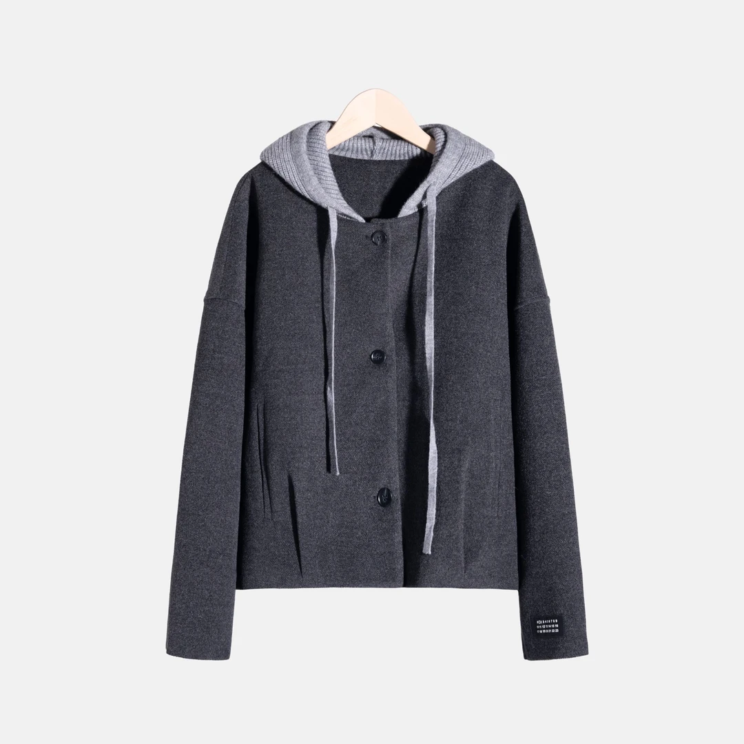 【天邑严选】女连帽保暖短外套磨毛外套百搭帽衫春季针织12093