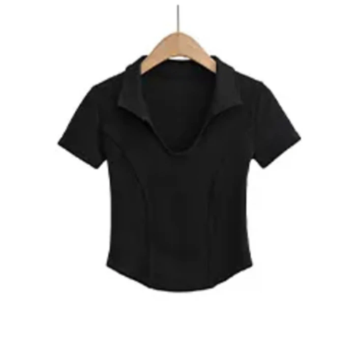 洗一美式复古短袖T恤女辣妹高腰短款翻领polo衫鱼骨修身显瘦短款