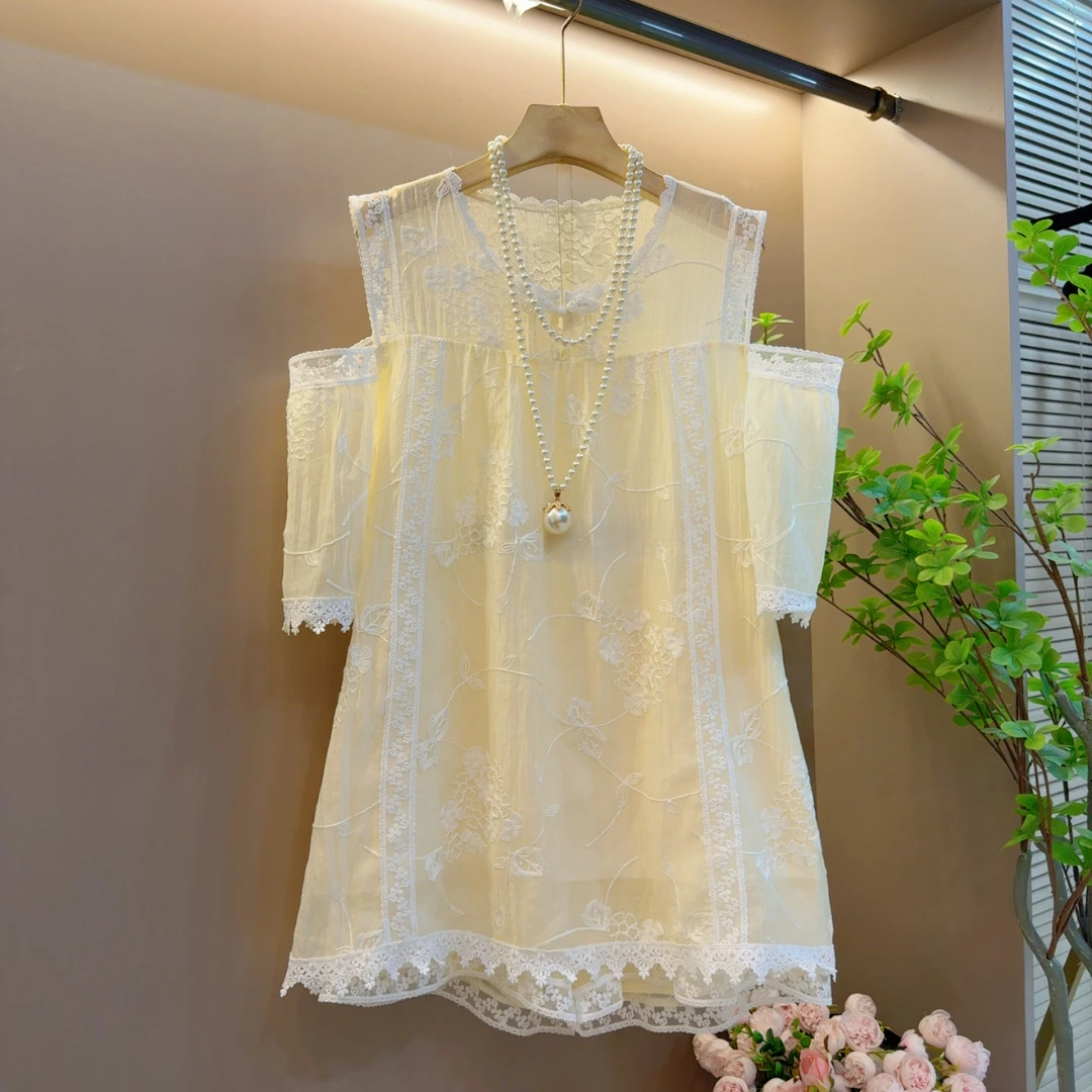 气质时尚宽松百搭大码露肩减龄花边夏季两件套上衣（衣长73左右）