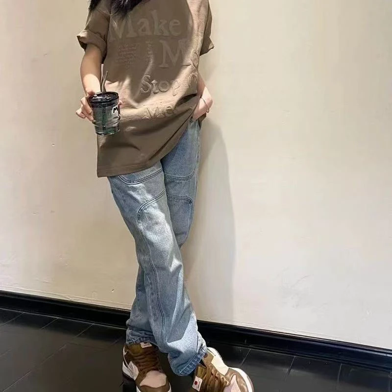 头头➕复古做旧牛仔裤女直筒坠感炸街痞帅高街休闲长裤#05305