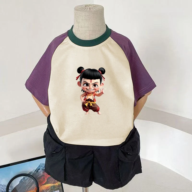 儿童t恤纯棉短袖男童哪吒卡通印花半袖洋气宽松韩版拼色女童体恤