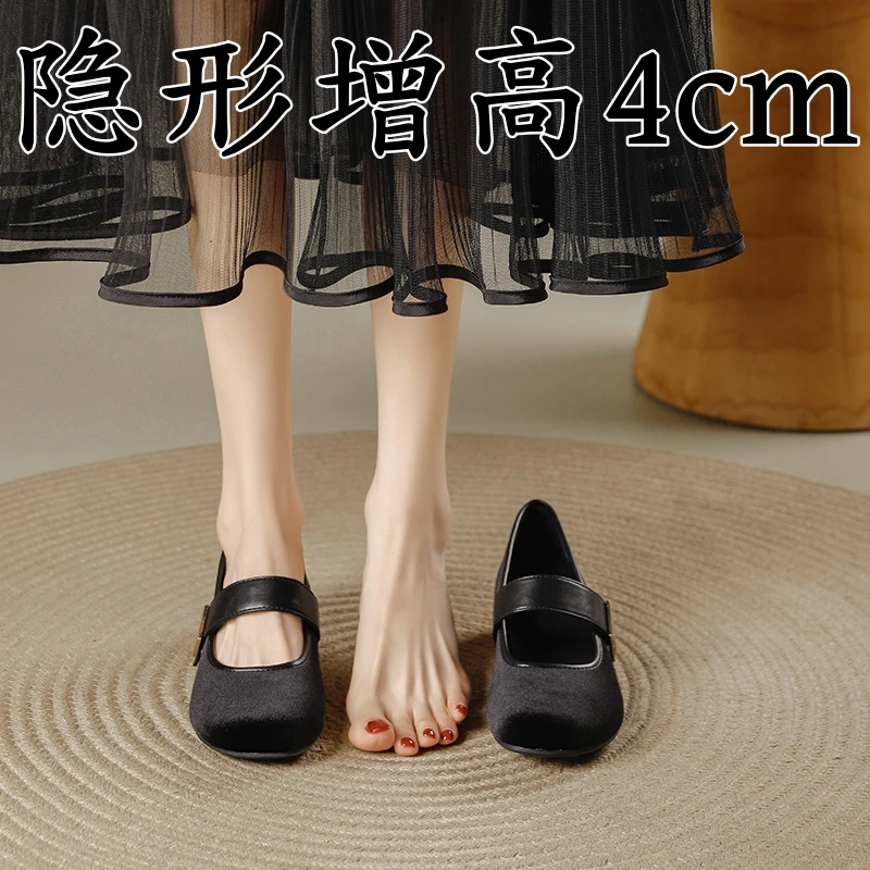 羊皮版~绒面单鞋女小个子内增高复古浅口玛丽珍鞋软底舒适低跟