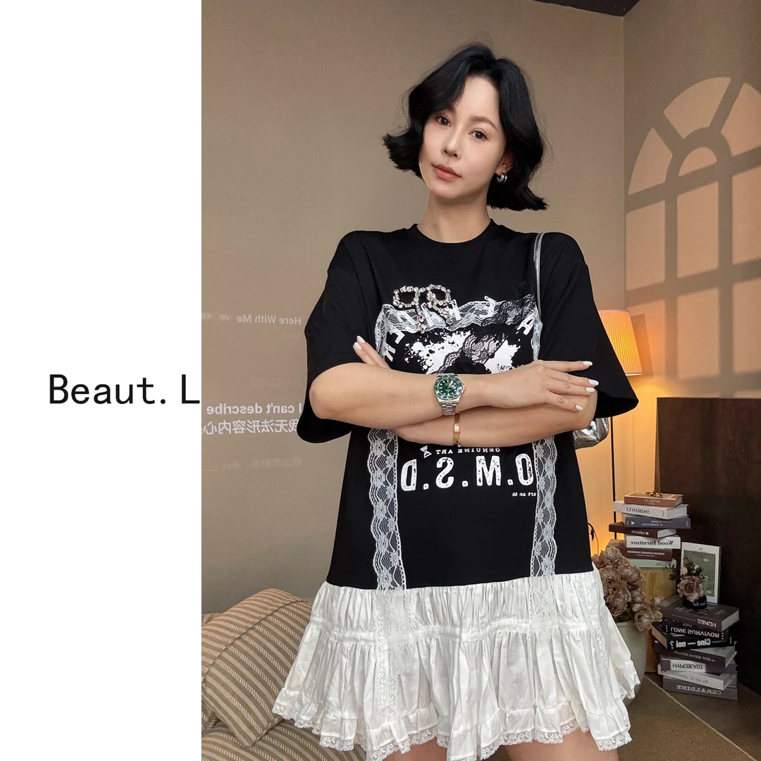 【Beaut.L】[夏日初恋] 宽松拼接蕾丝花边连衣裙 夏季百搭圆领撞色