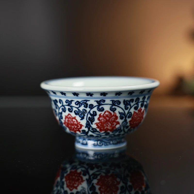 【墨舍柴窑】墨舍柴窑青花釉里红缠枝压手杯（狮心）（moshe57）陶瓷