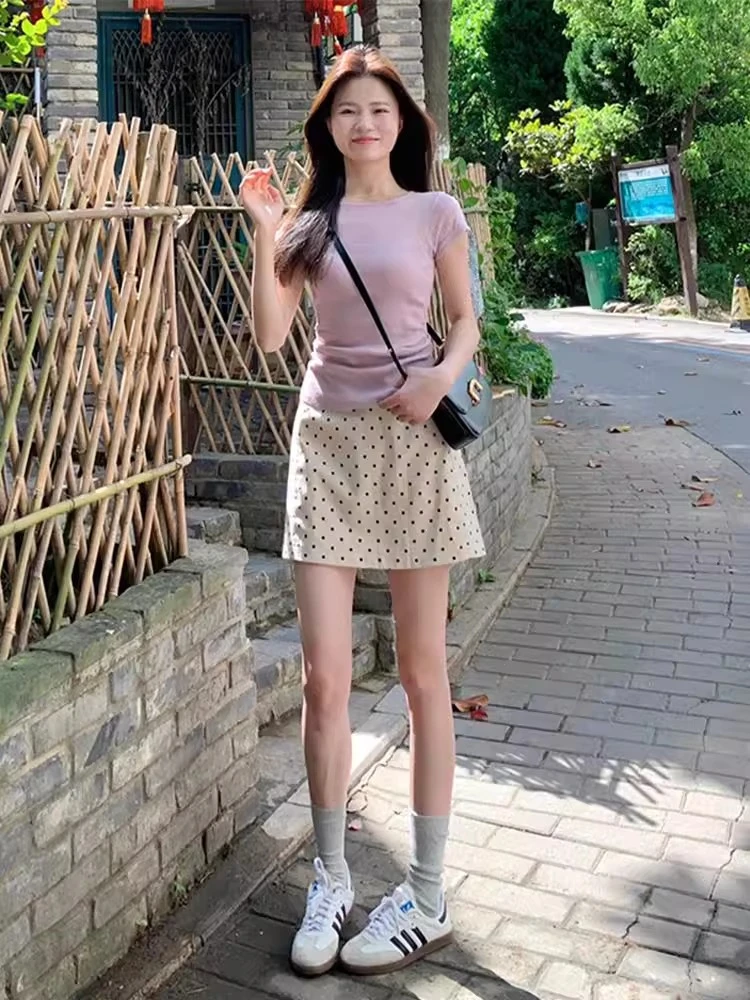 紫色正肩冰丝短袖t恤女夏季小个子时尚褶皱收腰短款上衣两件套装