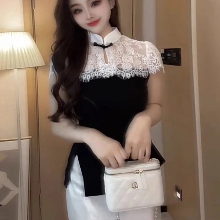 新中式蕾丝拼接盘扣短袖T恤2025夏季新款设计感开叉修身显瘦上衣