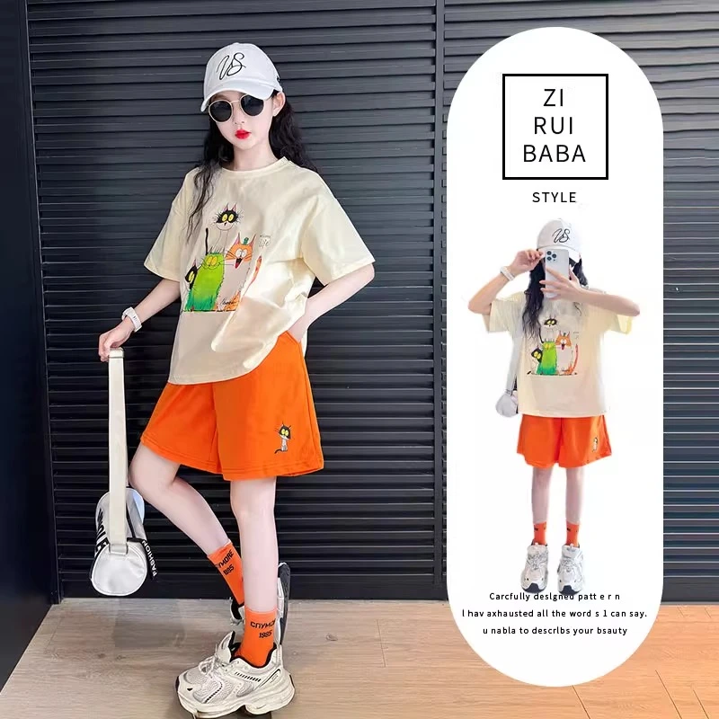 女童夏季套装2025新款时髦洋气夏装大童女孩休闲运动短袖短裤衣服
