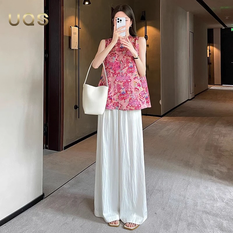UQS2025夏季款洋气缎面无袖上衣百搭显瘦白色阔腿裤无袖背心套装