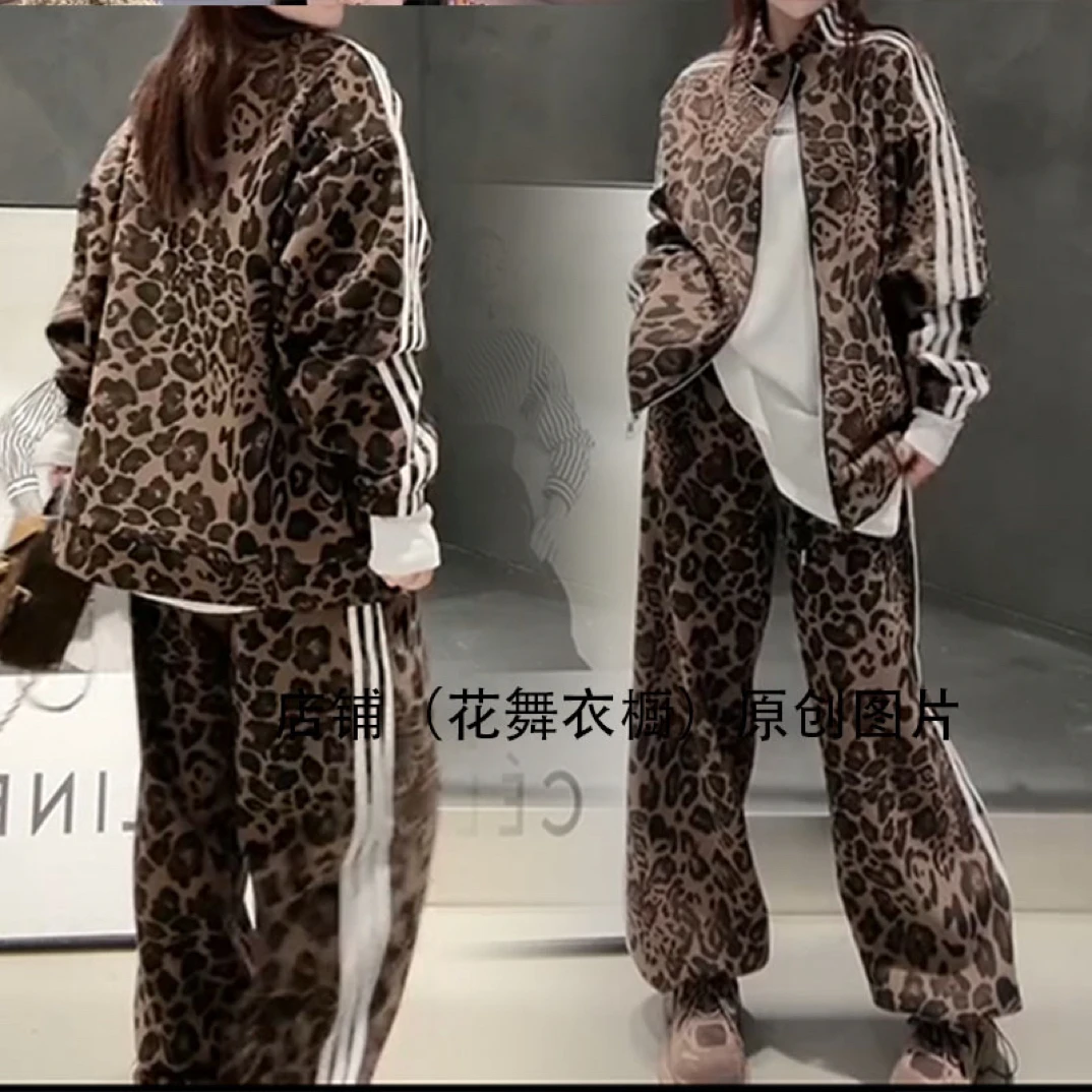 2025秋季新款时尚套装加绒豹纹连帽卫衣外套阔腿裤两件套春秋装潮