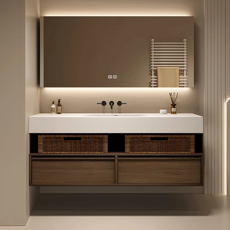 中古风骨骼线胡桃木岩板热弯一体盆浴室柜组合卫生间洗漱台洗手盆