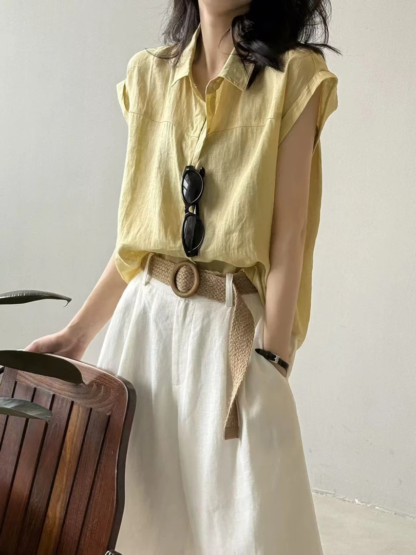 YB 胸110长61韩系纯亚麻飞飞袖夏季纯色宽松显瘦女士衬衫 1067