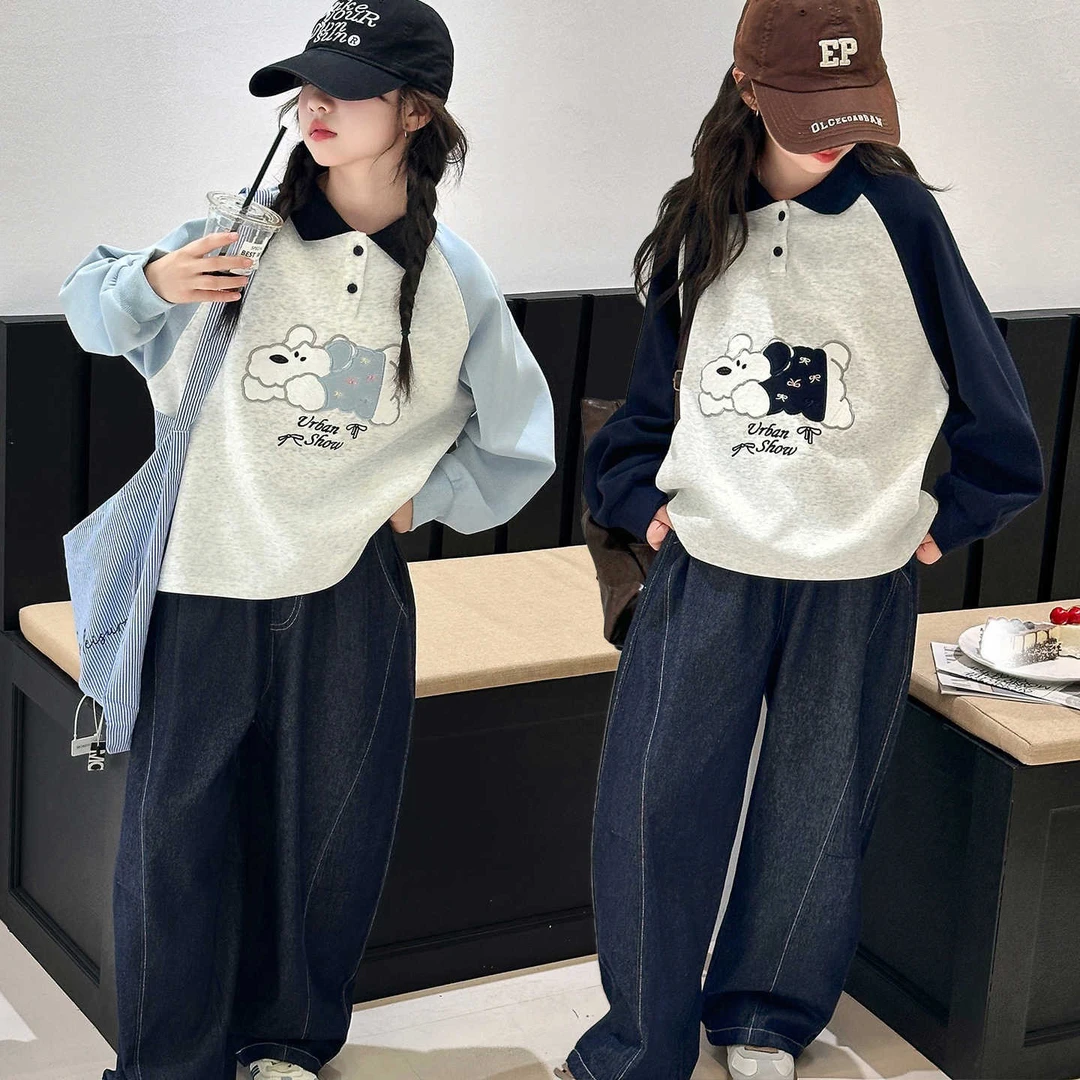 女童卫衣春秋款2025新款中大童POLO衫学院风上衣休闲宽松学生T恤