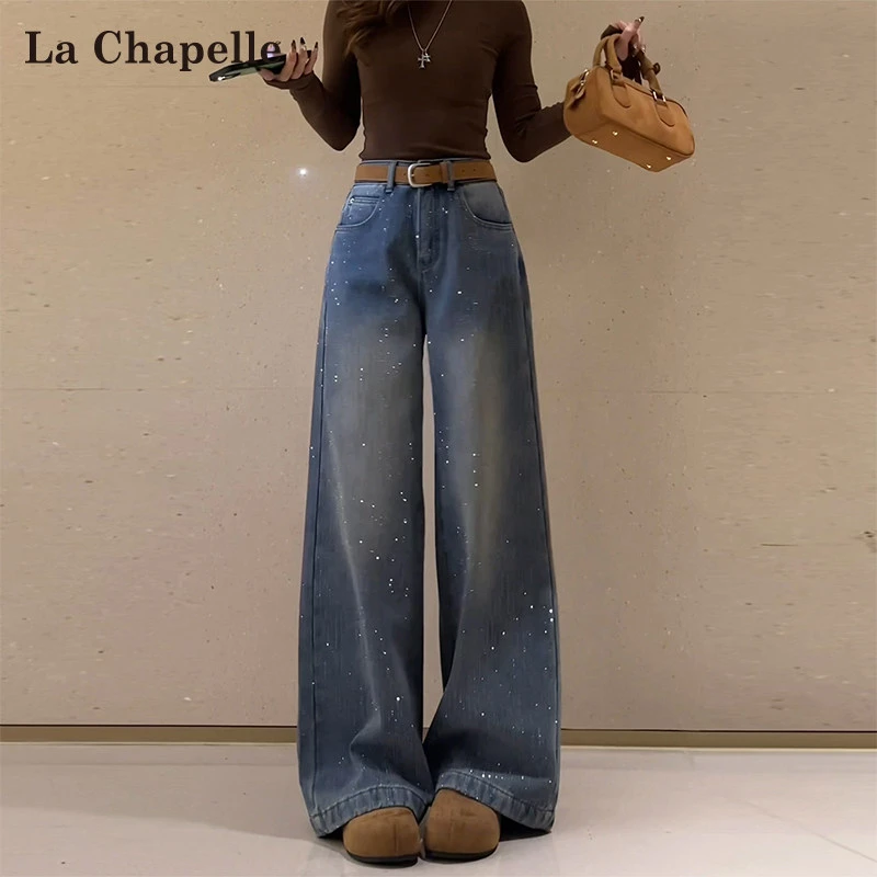 拉夏贝尔美式烫钻加绒牛仔裤女秋冬2025新款高腰宽松显瘦阔腿裤子