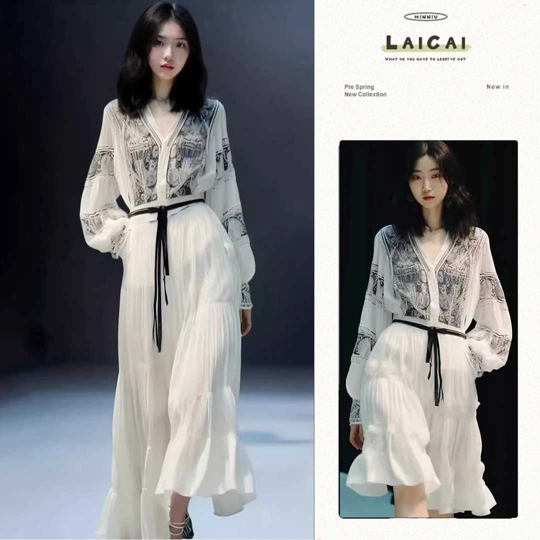 A121春季新款旅游罗马印花V领衬衫系带气质长裙