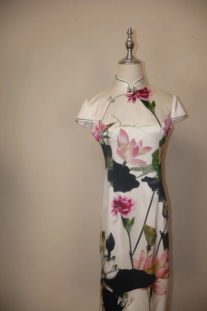 日常旗袍印立低领宴会设计师中国风短袖旗袍中长款印花红色礼服