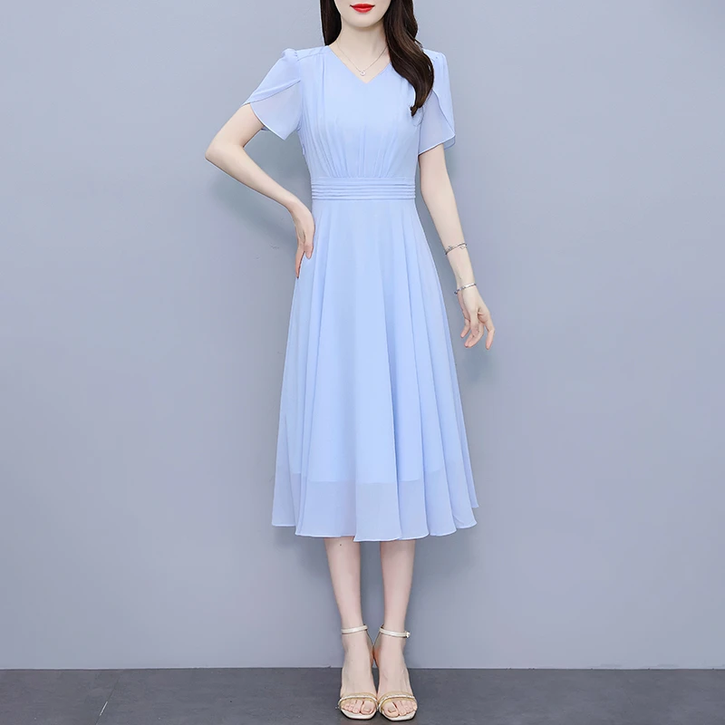 广州十三行女装爆款连衣裙2025新款妈妈装气质纯色中长款高端裙子