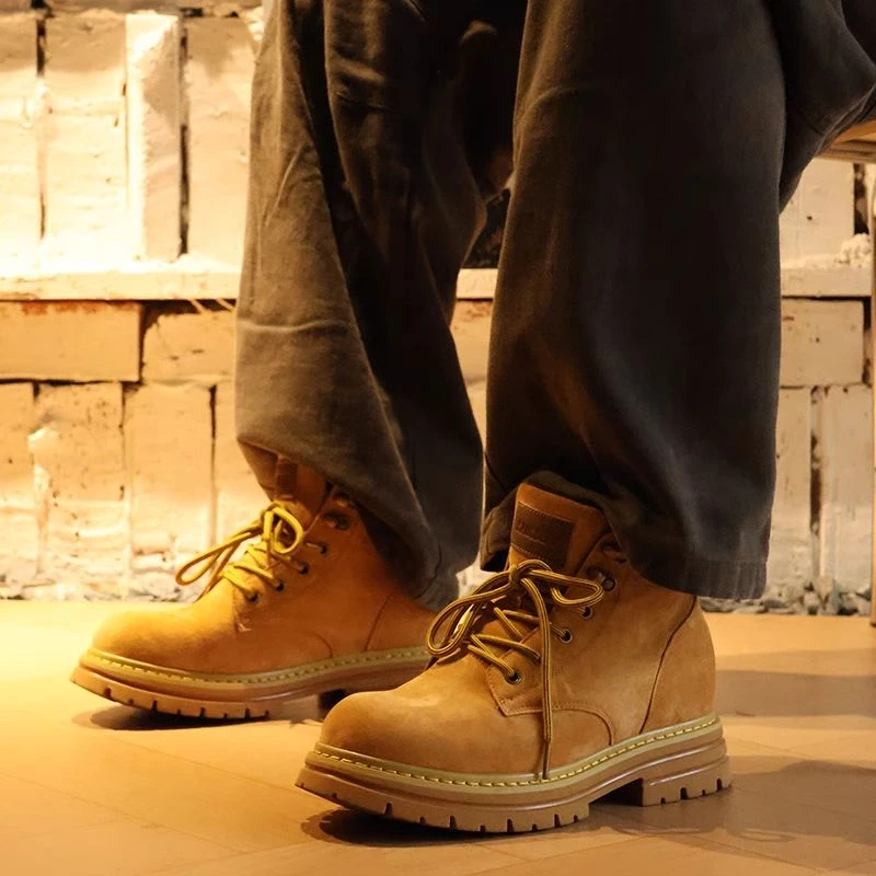 牛皮大黄靴7.5cm隐形内增高马丁靴男女款真皮工装靴踢不烂高筒鞋