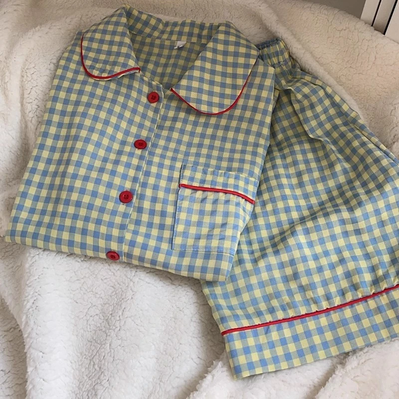 夏季短袖短裤常规格子ins睡衣女家居服套装家居服娃娃领时尚韩版