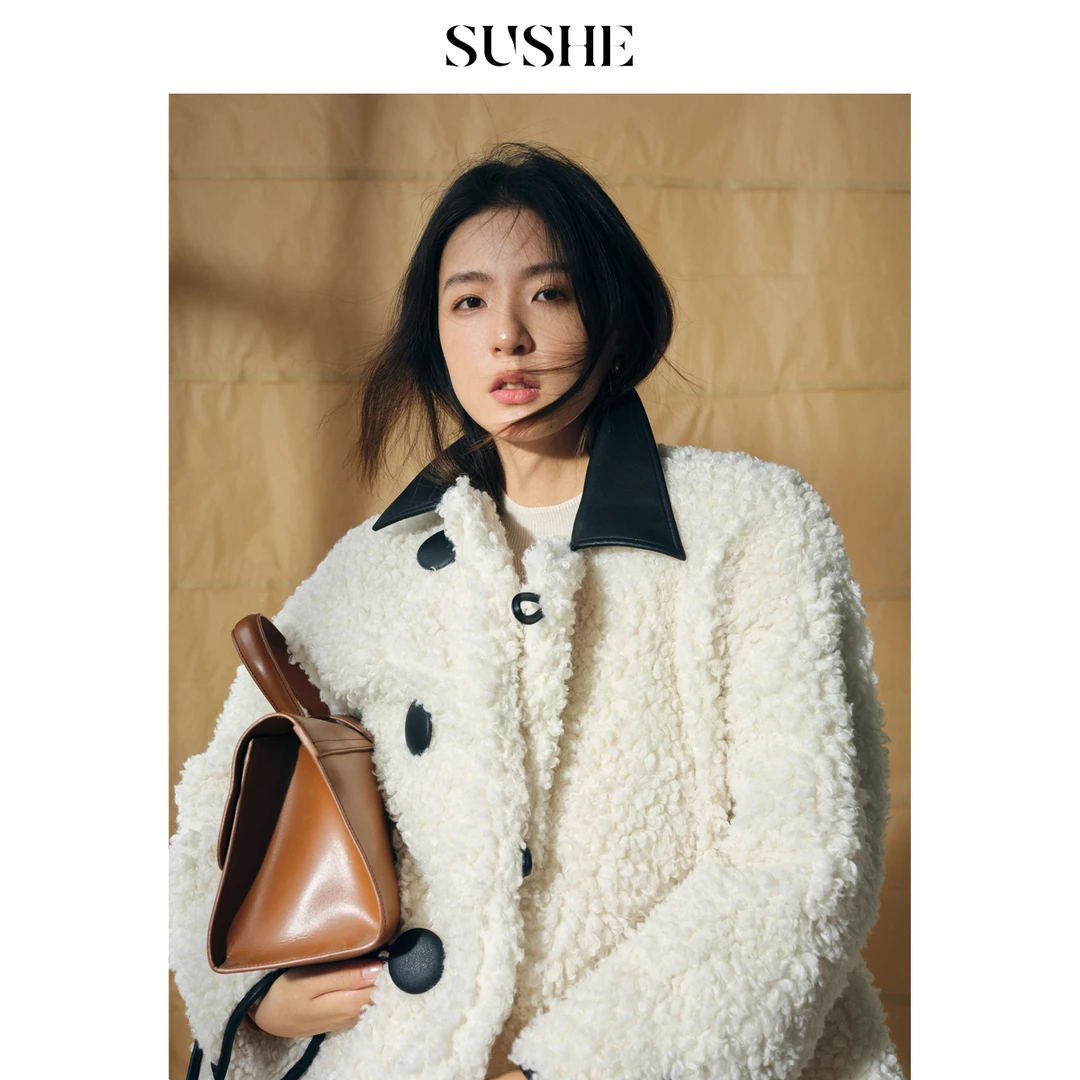 束皙SUSHE卿云环保卷卷宽松秋冬拼皮斜高颜值一整套hiimdai大衣