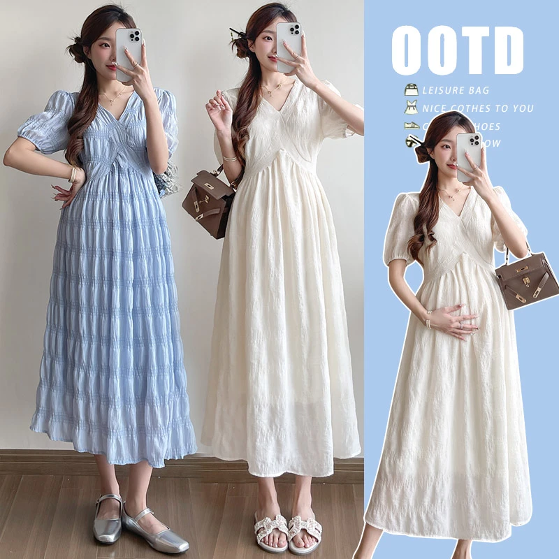 夏季新款法式复古温柔风长裙v领褶皱气质孕妇连衣裙女