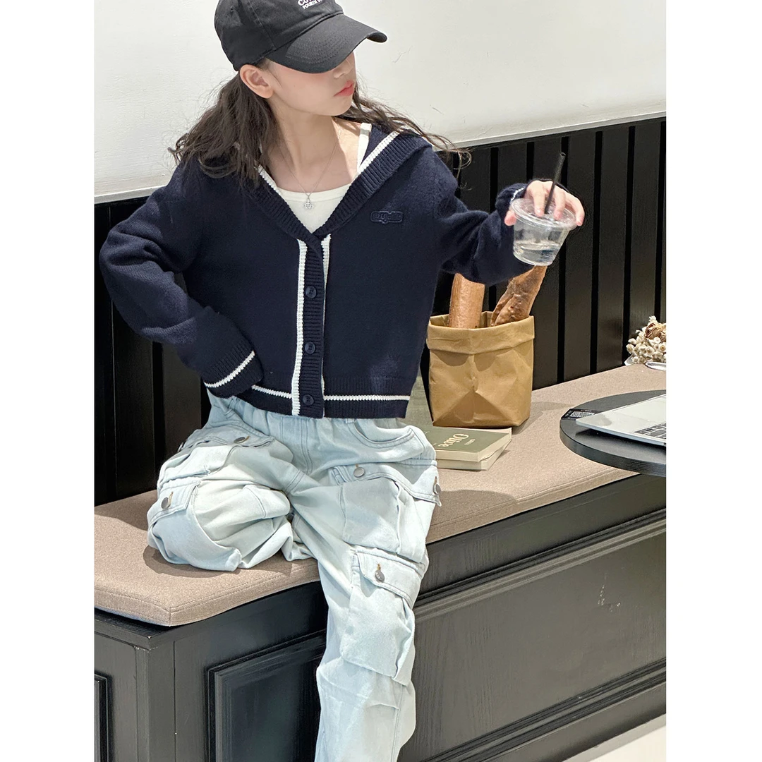 K29660孙小美海军领女童针织衫秋冬儿童毛衣2025新款春秋上衣开衫
