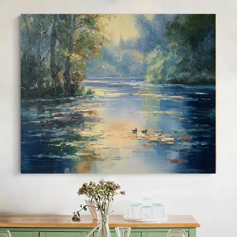 《湖光禽影》50*60含内框，刘春建手绘油画装饰画，客厅背景墙挂画