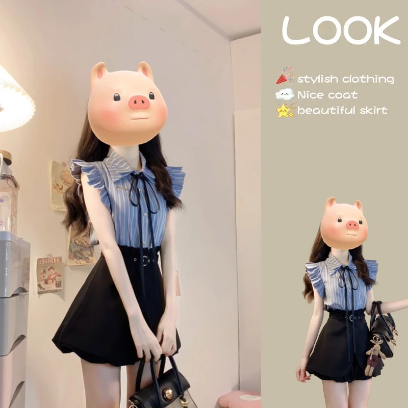 夏季一整套女装2025新款温婉淑女风设计感无袖衬衫收腰裙裤两件套