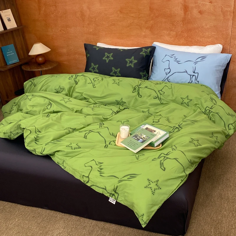 星星与马 原创网红60支全棉四件套被套床单床笠长绒棉黑绿设计师