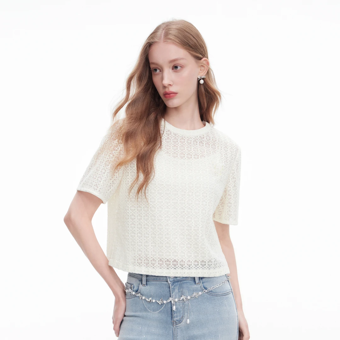 MISSCOCOON可可尼短款钉珠上衣女2025秋季新款亮片镂空蕾丝短袖